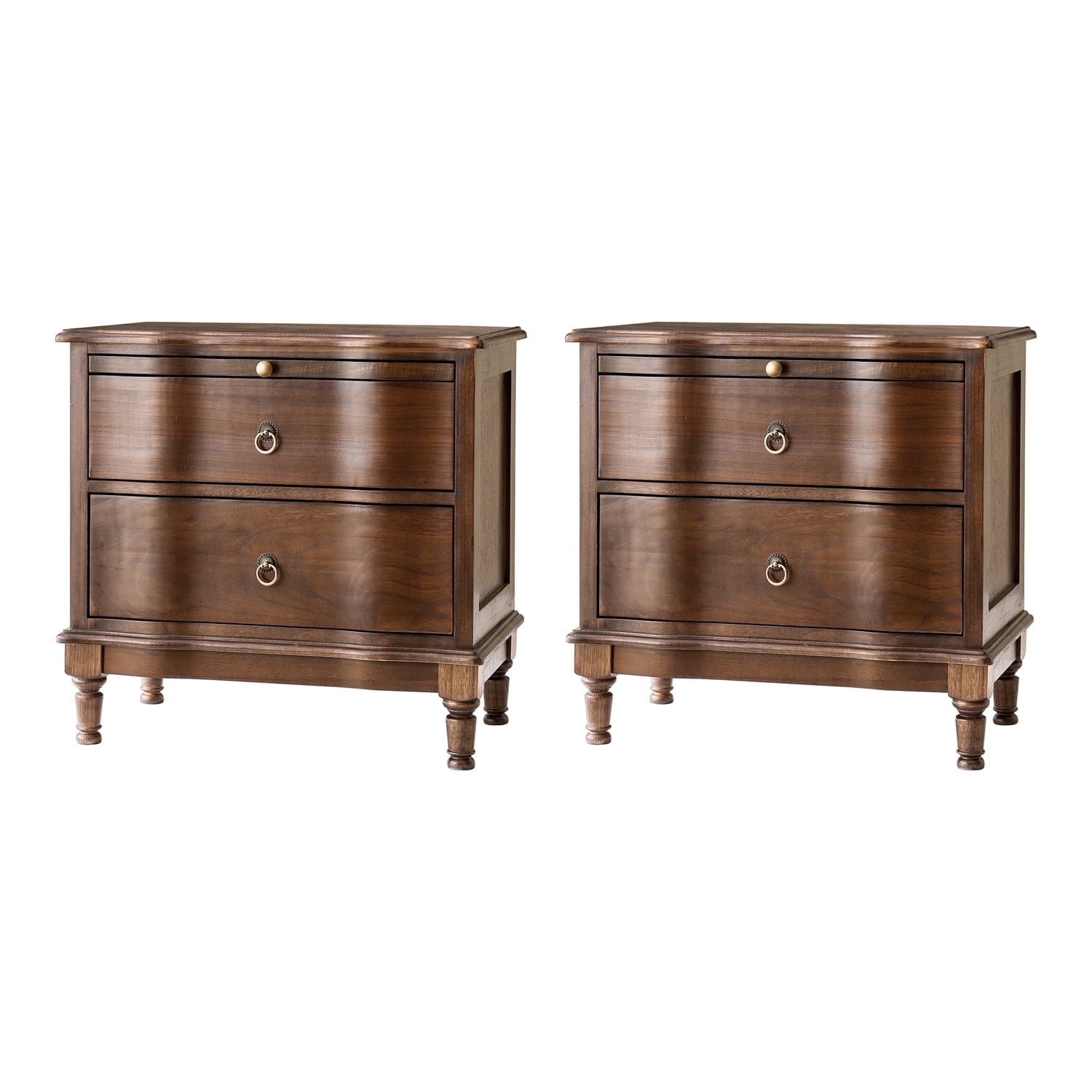 25" Traditional 2 Drawers Solid Wood End Table Set of 2 with Pull-out Tray and Charging Station Walnut