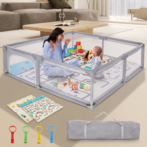 XDMTWLKJ Baby Playpen for Home Nursery Indoor Baby Play Pen Fence Yard with Crawling Mat, Gray, 79" x 71" x 25"