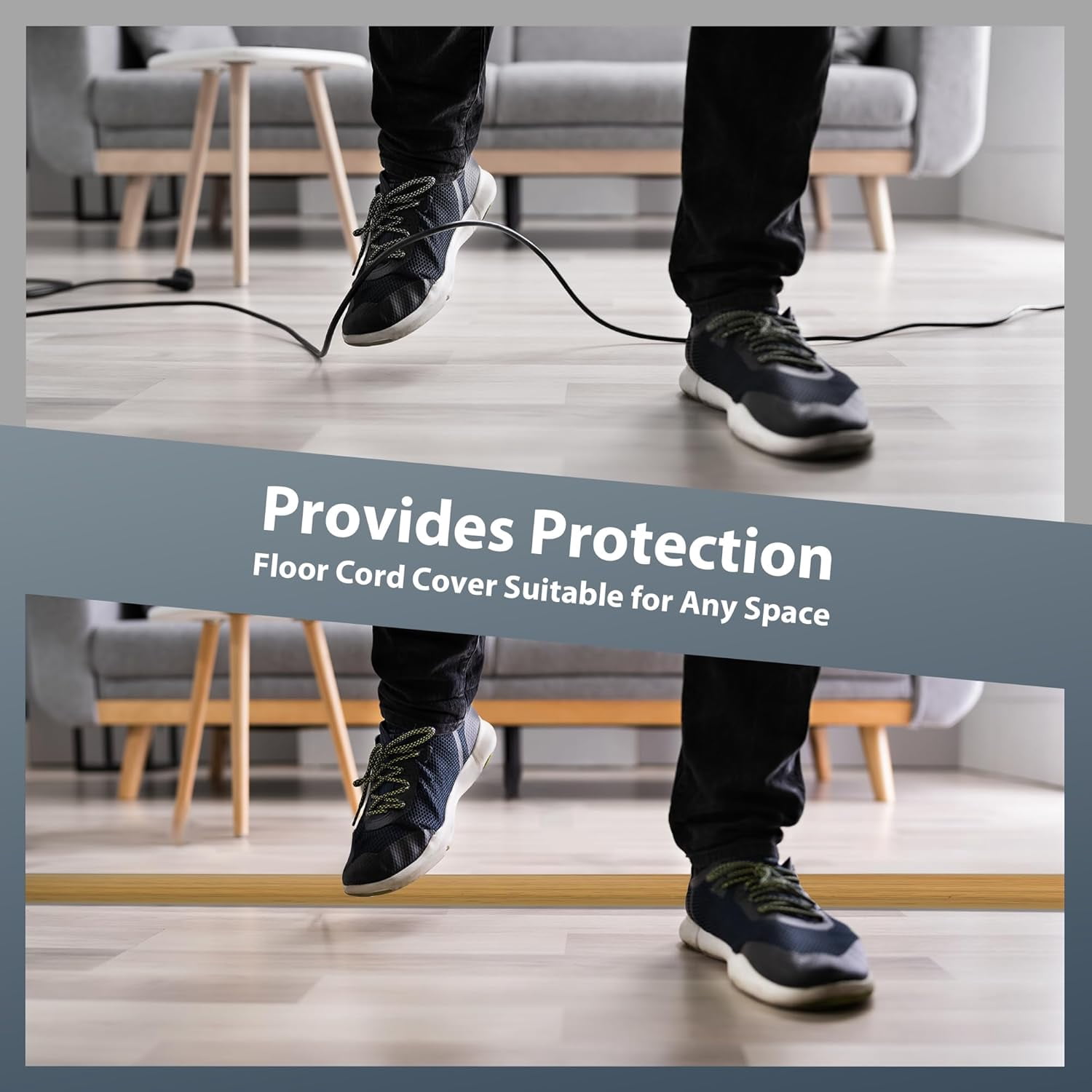 JJEAN-Self Adhesive Cord Cover Floor, 10FT Cable Hider Prevent Cable Trips, Floor Cable Covers for Cords, Hide Extension Cord Hider, Protector Cable Cavity: W 0.47" x H 0.28", Yellow Oak Wood