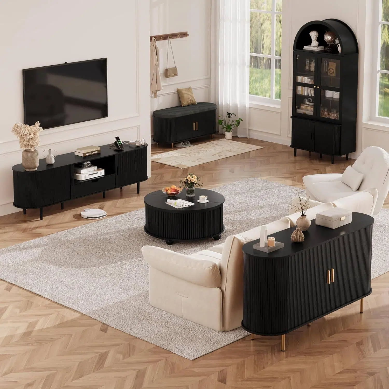 AISWORD 31.5" Fluted Round Coffee Table with Storage, Mid Century Modern Lift Top Drum Accent Table for Living Room Small Space, Black