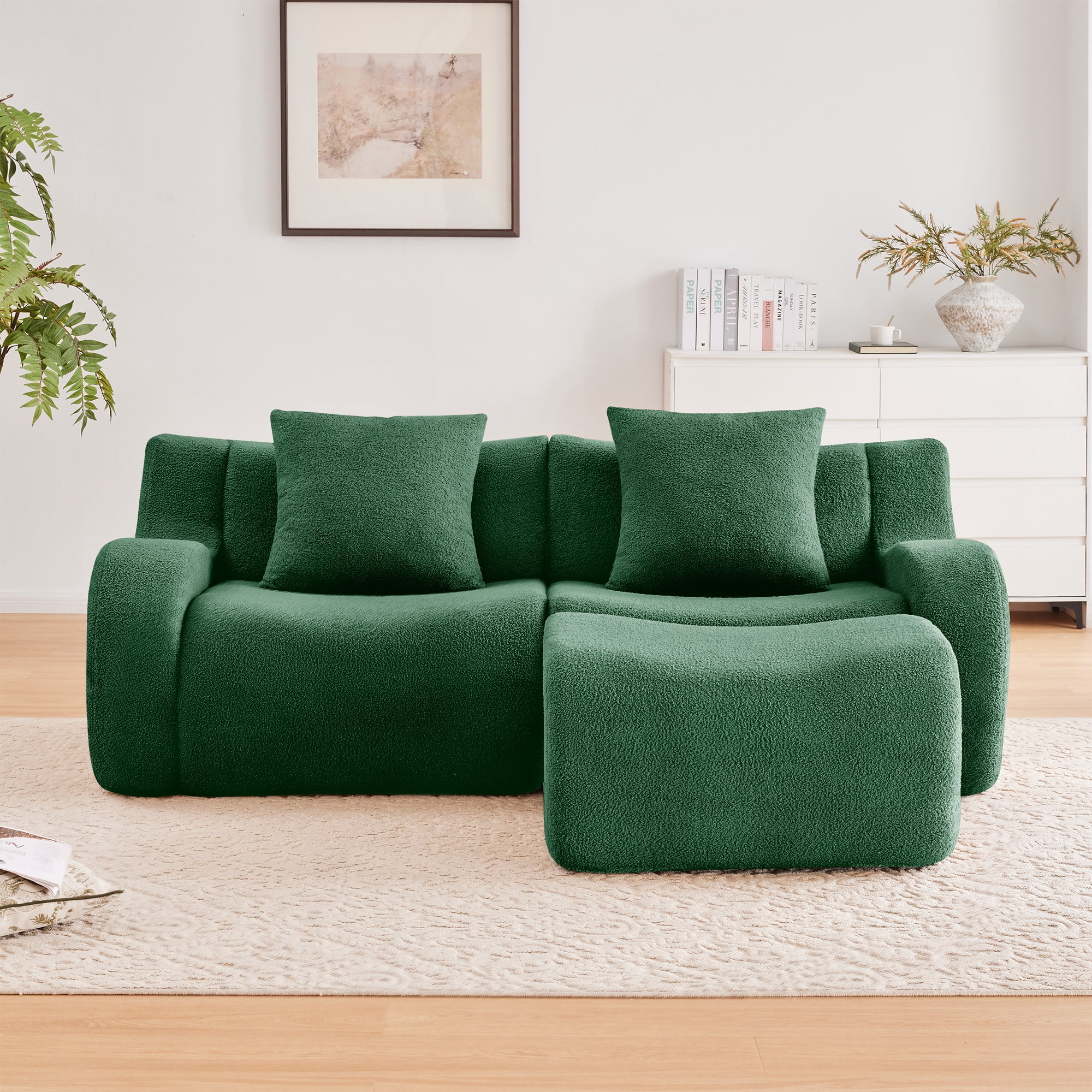 MAYEERTY 82.7" L-Shaped Teddy Fabric Boneless Sofa, Green 300lbs/seat 32D Foam No Assembly Curved Armrest Couch for Living Room Bedroom