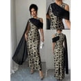 thumbnail image 6 of Black Womens Textured Golden Floral Jacquard Maxi Dress With Chiffon Shawl, One-Shoulder Elegant Evening Gown, 6 of 8