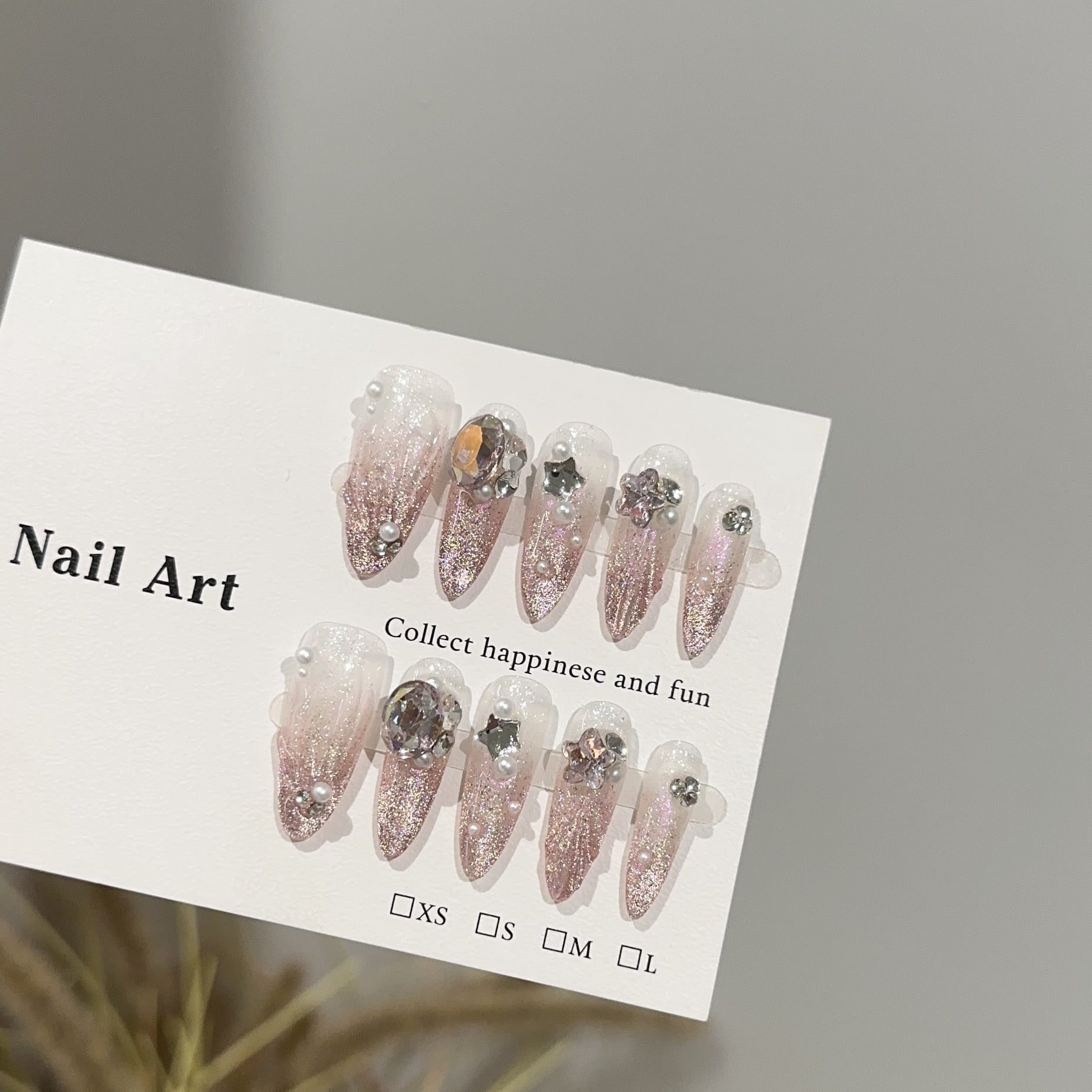 Purely handmade wearing nail high-end pink cat eye fishtail long nail art piece white light luxury fake nail patch