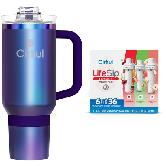 Cirkul 40oz All-Day StrawSip, Chameleon Purple & Cirkul LifeSip Flavor Cartridge Variety Pack, Drink Mix, 6-Pack