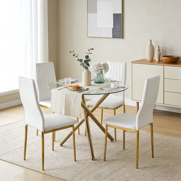 Atumcto 5 Piece Glass Dining Table Set for 4, Round Kitchen Table and 4 Upholstered Chairs, Mid-Century Modern Gold Metal Base, White and Gold