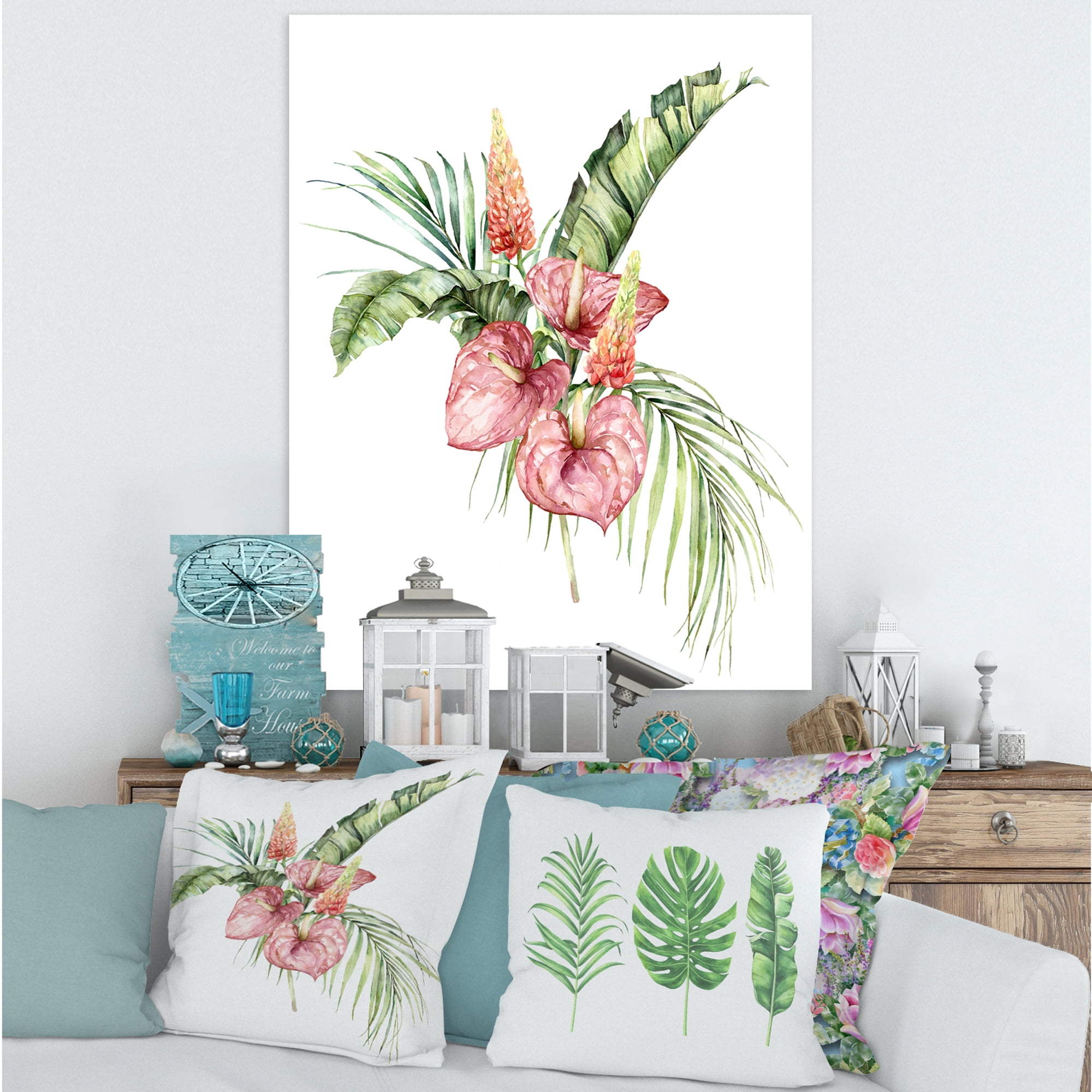 Designart ' Tropical Bouquet With Anthurium Lupine and Leaves On White II ' Traditional Canvas Wall Art Print
