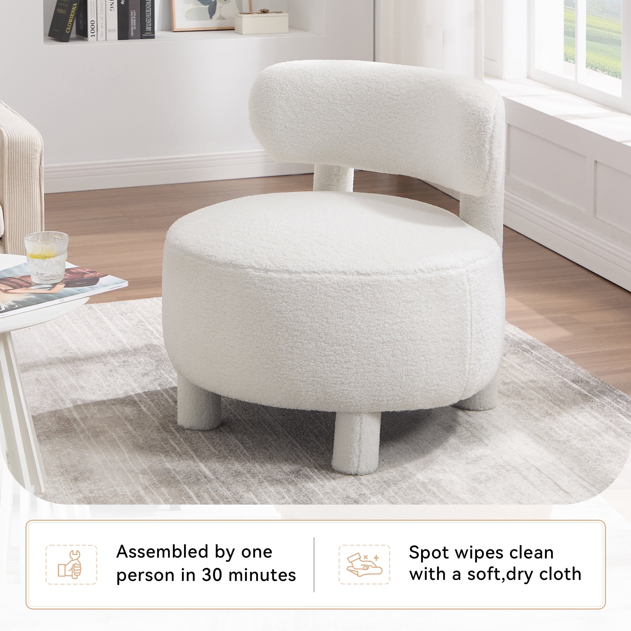 Noble House Dorell Teddy Upholstered Dining Chair, Wooden Frame Reading Side Chair with Curved Backrest, White