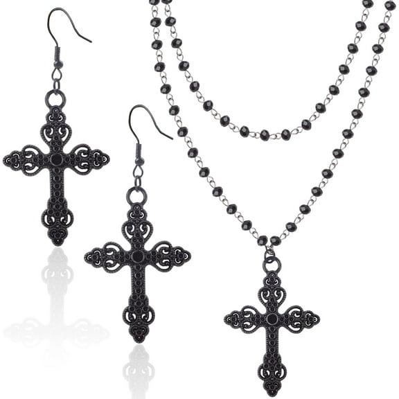 Gothic Layered Cross Necklace Black Alloy Acrylic Beaded Pendant Necklaces Choker Chains Cross Earrings Goth Jewelry Set for Women Halloween Party Clothing Accessories Gift