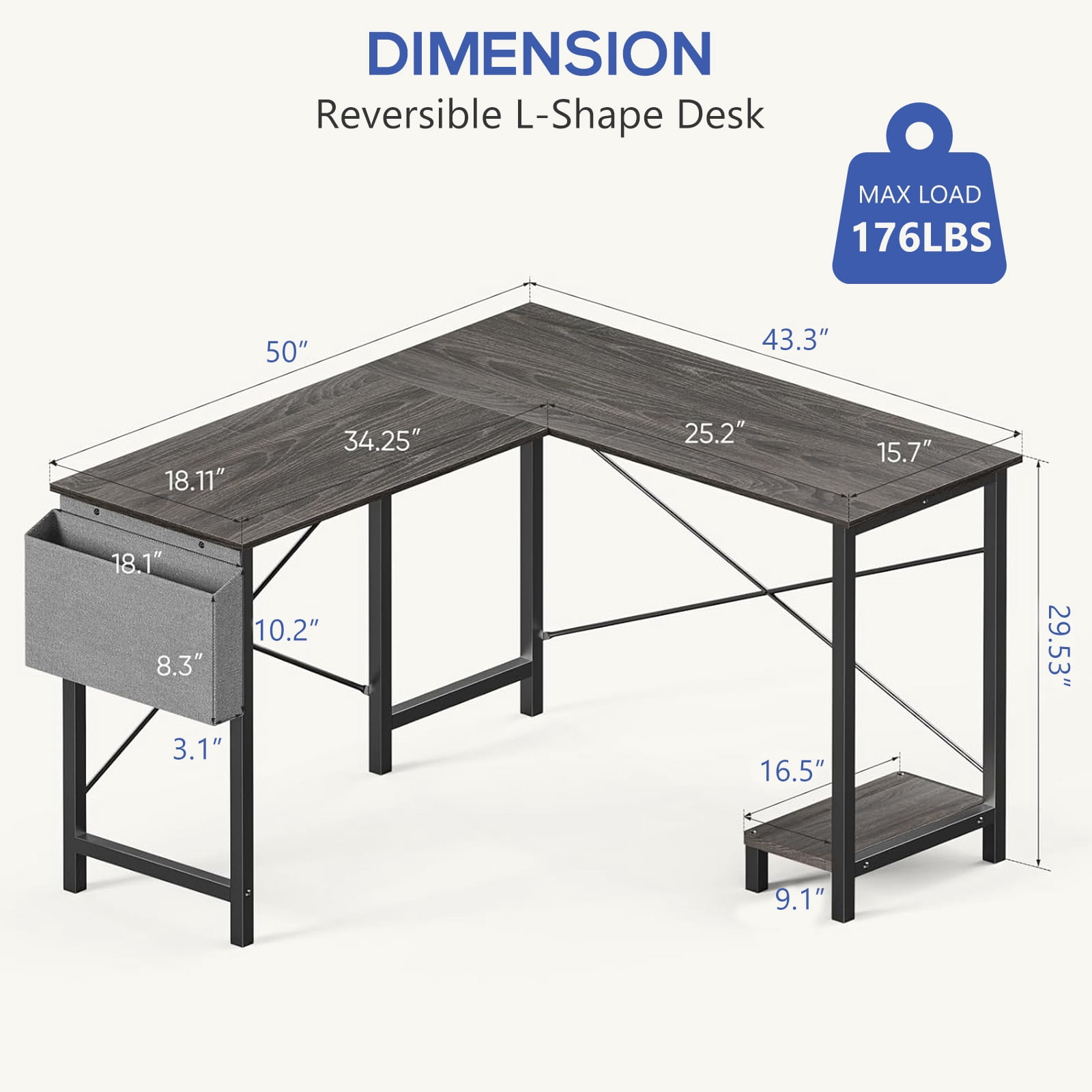 L Shaped Desk, 50 inch Reversible Corner Computer Desk with Storage Shelf & Side Bag, Home Office Working Workstation Gaming Table, Gray