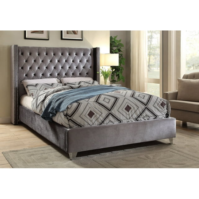 Grey Velvet Fabric Bed w Nailhead Headboard - King