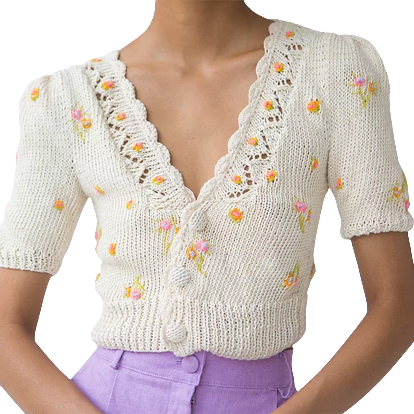 Vintage V neck Knitted Embroidery Crop Floral Spring Summer Button Up Crop Top Short Sleeve Knit Tops Y2K Yellow Floral Printing Crop Top
