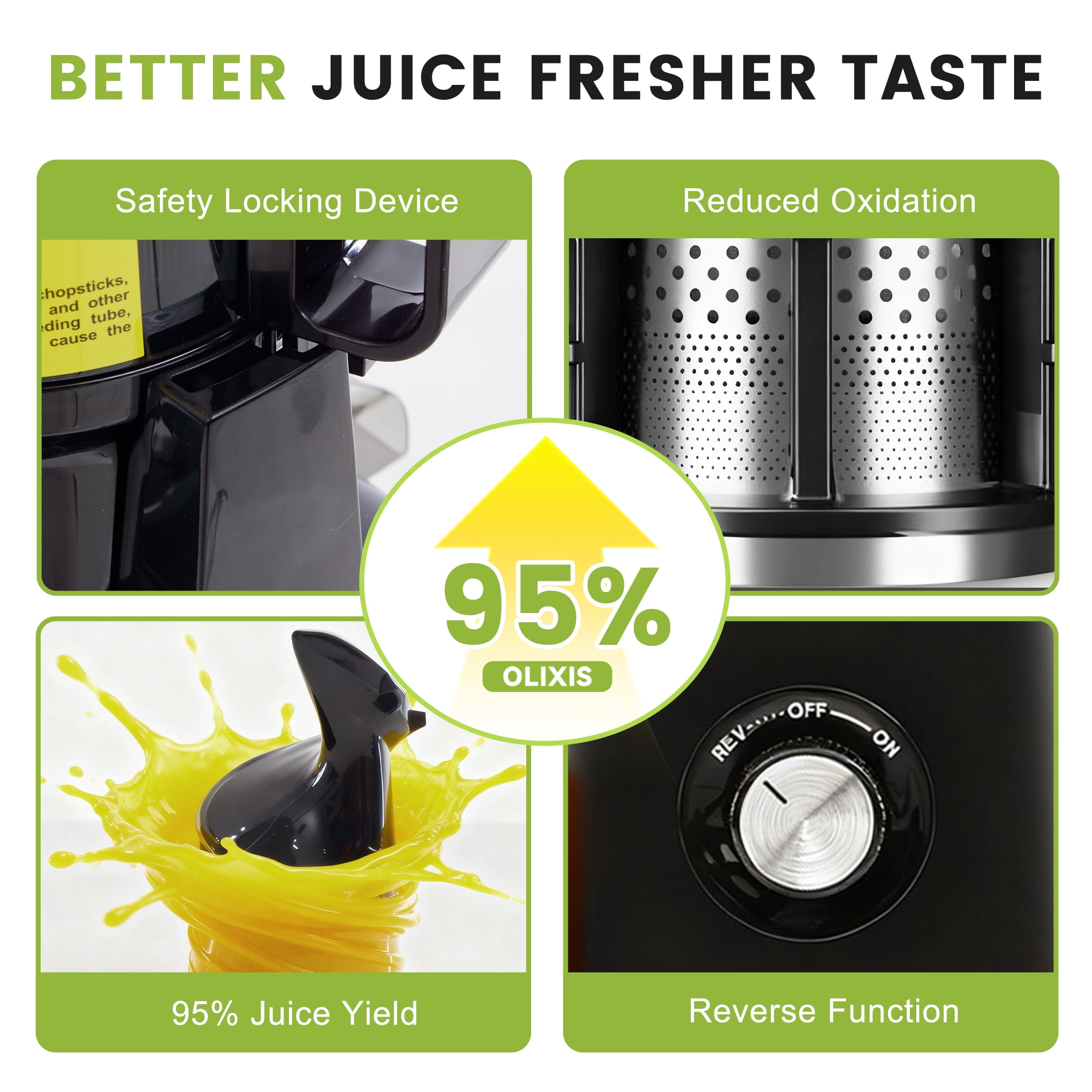 EDX Cold Press Slow Grinding Juicer, 200W, 4.25" 1000ML Wide Feed Chute, 80% Juice Yield for Apple & Ginger, 800ml Juice Cup, 700ml Pulp Cup, Whole Fruit & Veggie Compatible, 120V 60Hz, 72db, Black
