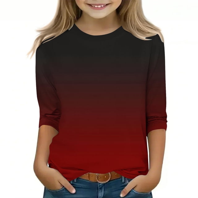 WRKEKC Chandails à Manches Longues pour Filles, T-Shirts à Manches Longues pour Filles, Hauts/chemise à Col Rond à Manches 3/4 Unis Tendance pour Enfants