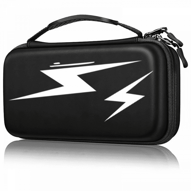 funda de transporte rígida de eva a prueba de golpes compatible con nintendo switch oled con protección y compartimento específico para el mando — estuche rígido negro con patrón de rayos blanco, vista frontal 3/4 con cremallera doble y asa superior; carcasa EVA resistente a impactos, bordes reforzados y forro interior de microfibra anti-polvo, compartimento integrado para Joy-Con (controlador no incluido); mide 25,4 × 10,9 × 4 cm, también suele usarse para guardar accesorios de juego pequeños durante viajes.