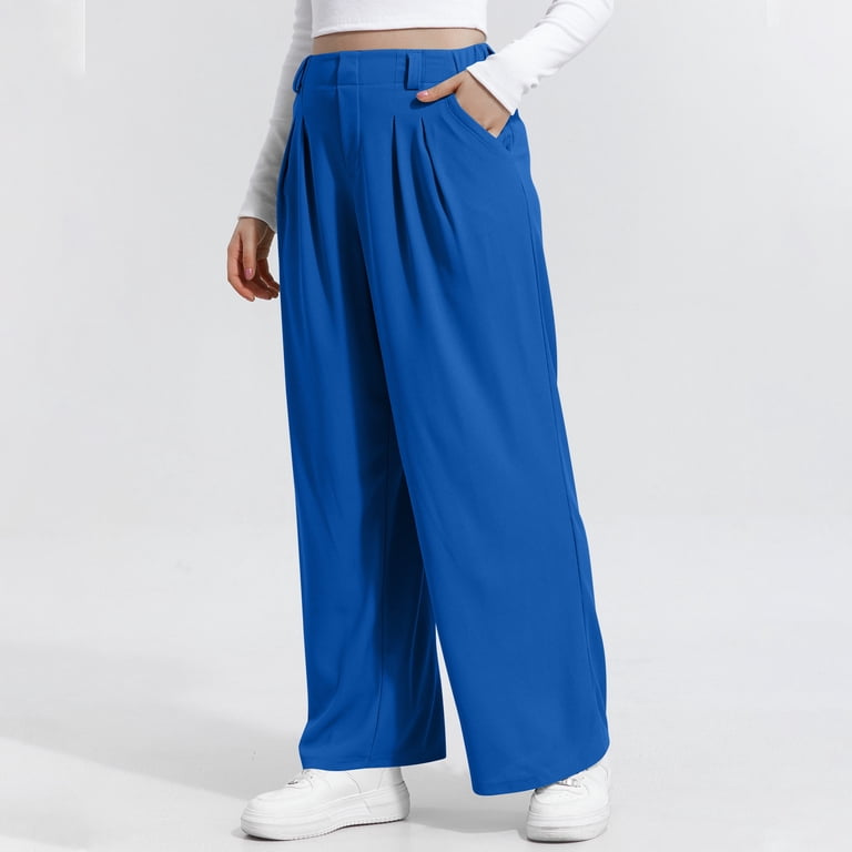 blue women's dress pants Wide Leg Business Casual Work Pants with Pockets High Waist Pleated Loose Trouser Long Pants (L, Blue) fitted gowns