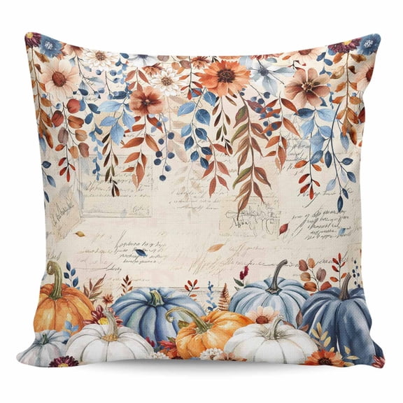 Fall Orange Blue Pillow Covers 24x24 Inch Decorative Throw Pillow Cover, Thanksgiving Floral Botanical Retro Sofa Pillowcases Accent Cushion Case Home Decor Bedroom Living Room