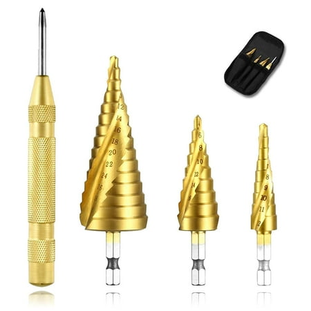 

HSS Titanium-Coated Spiral Groove Step Drill 4-Piece Set with Automatic Center Punch 1/4 Hexagon Shank Drill Bit