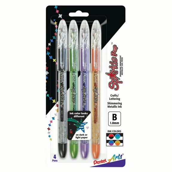Pentel Sparkle Pop Metallic Gel Pen Set, 4-Colors, Black/Red, Green/Blue, Orange/Yellow & Violet/Blue