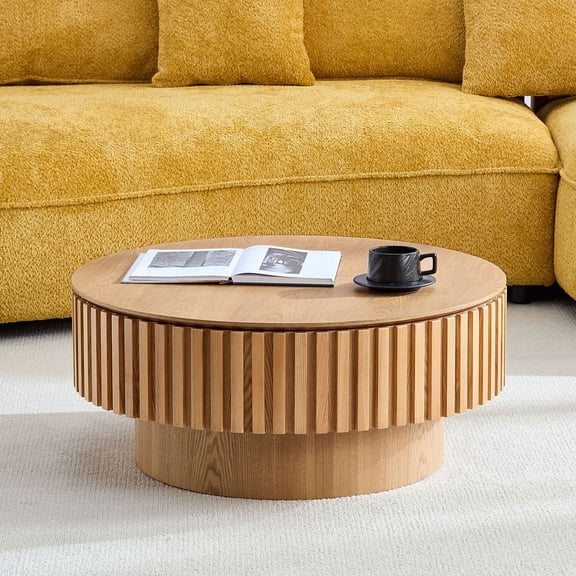 WGYPRIME 31.49'' Round Coffee Table with Storage, Modern Round End Table with Sturdy Pedestal and Detachable desktop, Small Coffee Table for Apartment, Living Room