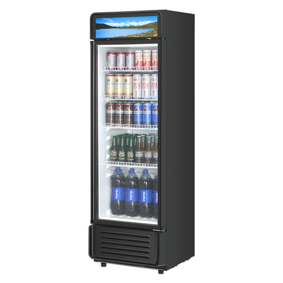 VEVOR Commercial Merchandiser Refrigerator, 9.7 CU.FT Glass Door Display Refrigerator, Beverage Refrigerator Cooler Merchandiser with Adjustable Shelves, Soft LED Light,Customizable Lightbox,Black