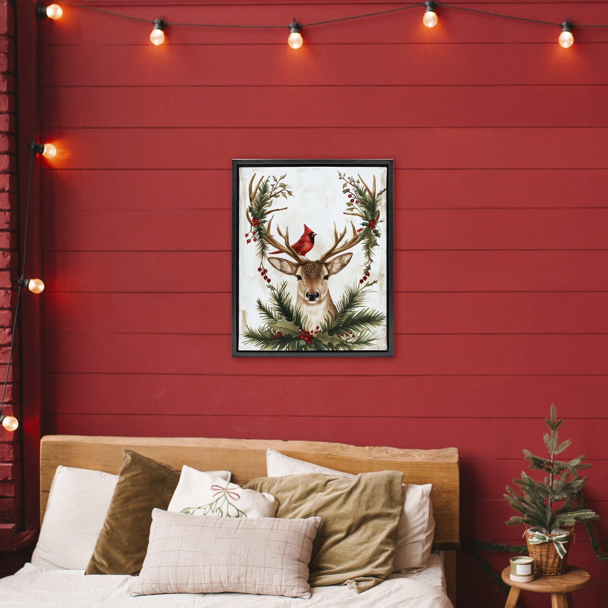 Stupell Industries Cardinal & Deer with Festive Flora Black Framed Floater Canvas Wall Art, design by Acorn & Ivory Designs