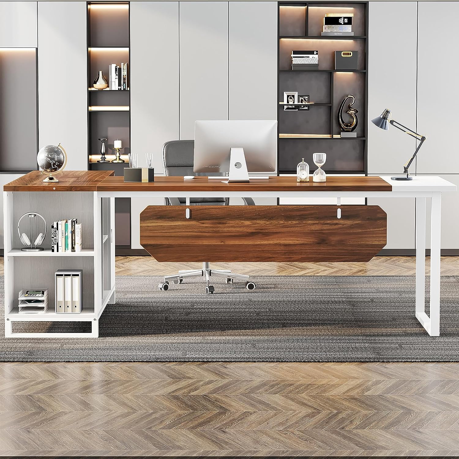 Tribesigns 70.8" L-Shaped Executive Desk with 55" File Cabinet, Large Home Office Computer Desk with Storage Shelves and Cabinet, Modern Business Furniture Set Home Office Workstation, Walnut White