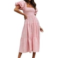 thumbnail image 3 of ZXSXSY Women Plaid Square Neck Elastic Chest Puff Sleeve Open Back Ruffled Midi Dress, 3 of 5