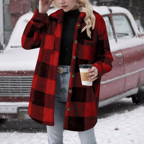 Wancir Women's Fleece Plaid Jacket Coats Button Down Lapel Sherpa Shacket Outwear with Pockets