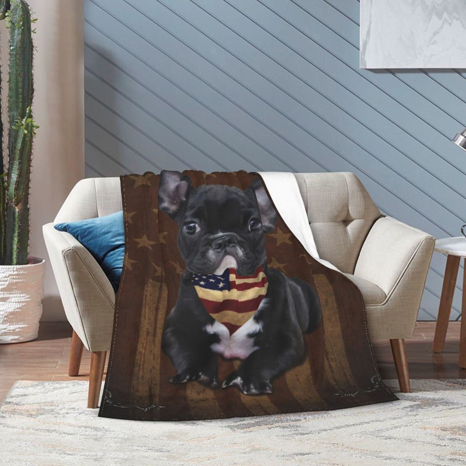Wijzvio French Bulldog Dog With Vintage American Flag Throw Blanket Soft Fuzzy Fleece Blanket For Couch Bed Living Room Decoration 50"X40"
