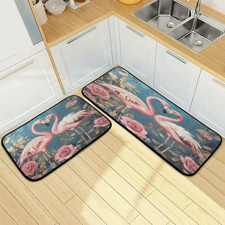 

Wobogo Raggedy Pink Flamingos Kitchen Carpet Set of 2 Absorbent and Stain Resistant Non-slip Star Rubber Backing