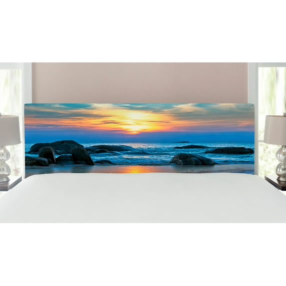 Beach Headboard, Sunset Scenery in Sandy Beach with Rocks and Waves Lonely Peace Morning Dream Earth, Upholstered Decorative Metal Bed Headboard with Memory Foam, King Size, Blue Yellow, by Ambesonne