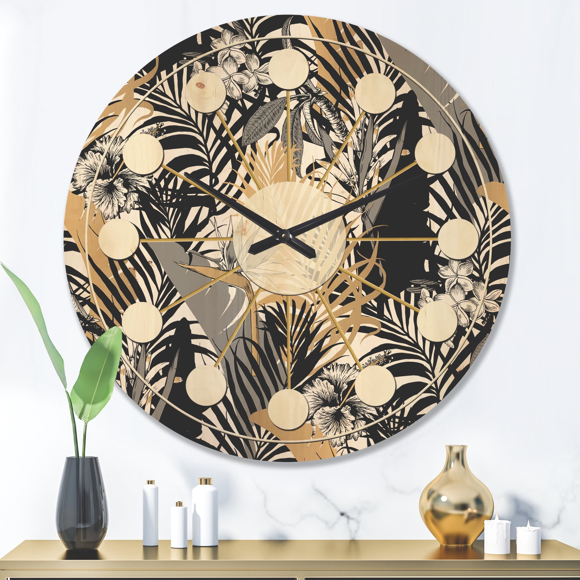 Designart 'Retro Golden Foliage II' Mid-Century Modern Wood Wall Clock