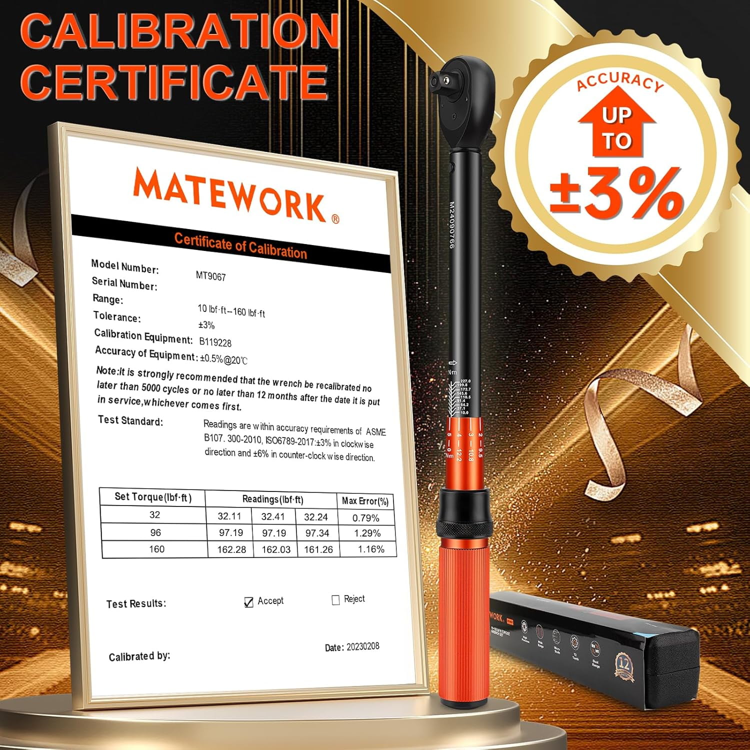 MATEWORK 1/2 Drive Torque Wrench, 10-160 ft.lb (10-227 Nm), High-Precision Dual-Direction Click Wrench with ±3% Accuracy,72-Tooth Ratchet Design for Lug Nuts,Wheels,Tires,and Car Repairs