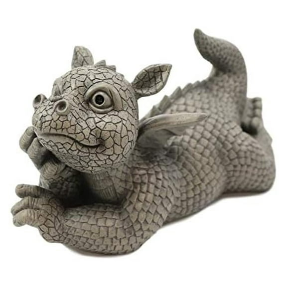 Ebros Wishful Thinking Baby Dragon On The Ground Statue 12" Long Garden Faux Stone Resin Finish Figurine