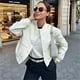 thumbnail image 3 of Chaqueta Bomber blanca para mujer, abrigo corto de aviador de béisbol con botones, manga larga, Otoño e Invierno, 3 of 5
