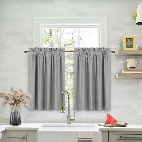 Lapalife Blackout Kitchen Curtains 24 Inches Long 2 Panels, Rod Pocket Short Curtains for Samll Windows Thermal Insulated Cafe Curtains for Kitchen Bathroom Basement, Grey