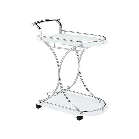 FurniFact Modern 2-Shelf Bar Cart with Chrome Frame and White Glass for Home