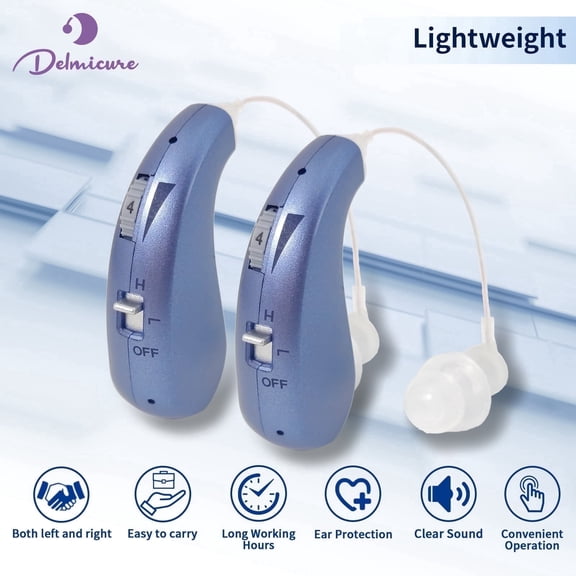 Delmicure Hearing Aids for Seniors, Rechargeable Digital CIC Sound Device: Noise Cancellation Chip, Volume Memory, VHP-1206 Blue - Pair