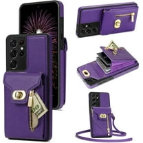 Phone Case for Samsung Galaxy S21 Ultra 5G Wallet Cover with Credit Card Holder Zipper Slot Crossbody Strap Lanyard Leather Stand Cell Accessories S21ultra 21S S 21 21ultra G5 Women Girls Purple