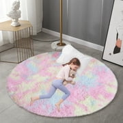 Rainbow Round Rug for Kids, Bedroom Decor for Kids Girls, Soft Area Rug for Living Room Bedroom Nursery Room, Fluffy Circle Rug 4*4, Rainbow