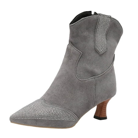OJSFQUFP Women Ankle Boots Women s Retro Solid Suede Rhinestone Pointed Toe Heel Fashion Ankle Boots Comfortable Fall Shoes Cute Boots for Women Grey 40
