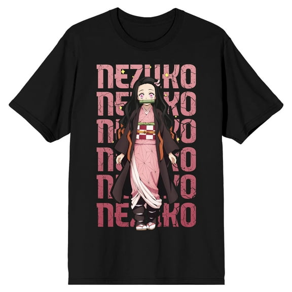 Demon Slayer Nezuko Repeat Text Crew Neck Short Sleeve Men's Black T-shirt-Medium