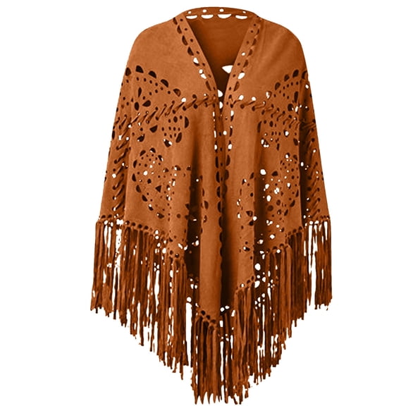Xfvqtps Women Cape Tassels Hollow Out Classical Personality Fashion Cowboy Style Fall Shawl Brown