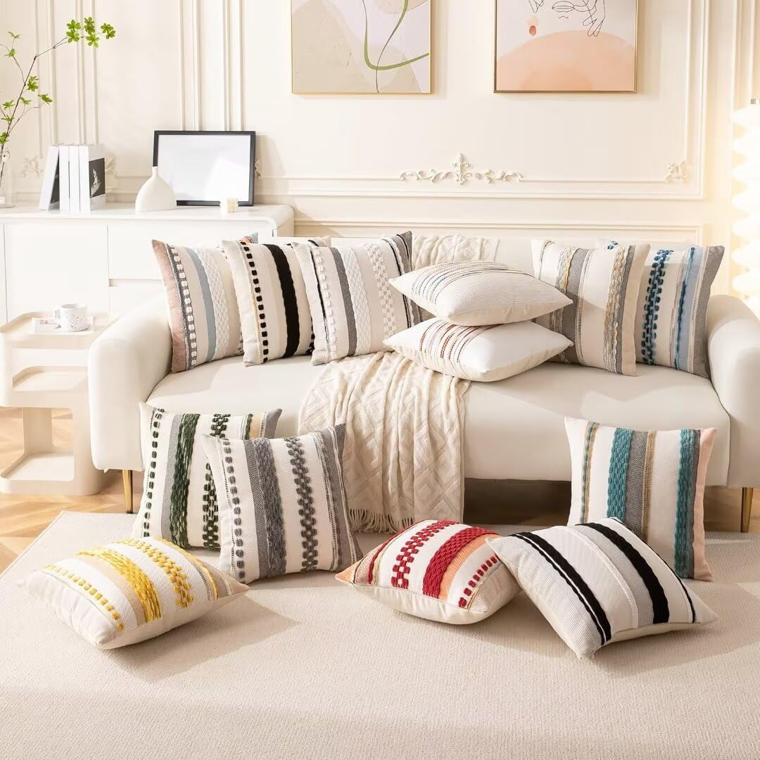 Boho Throw Pillow Covers 18x18 Set of 2 Farmhouse Decorative Cushion Case Striped Square Pillows Cover Chenille Pillow Cases Accent Neutral Pillowcase for Sofa Couch Bed