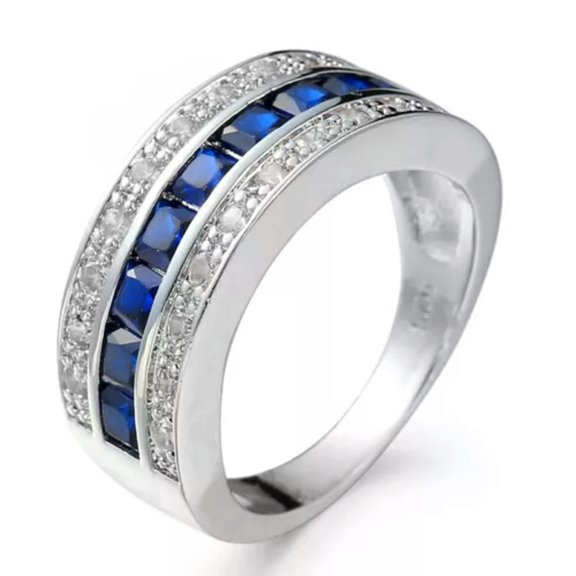 Red/Blue Princess Cut Wedding Band Women's 925 Silver AAA CZ Gift Ring Size 6-10