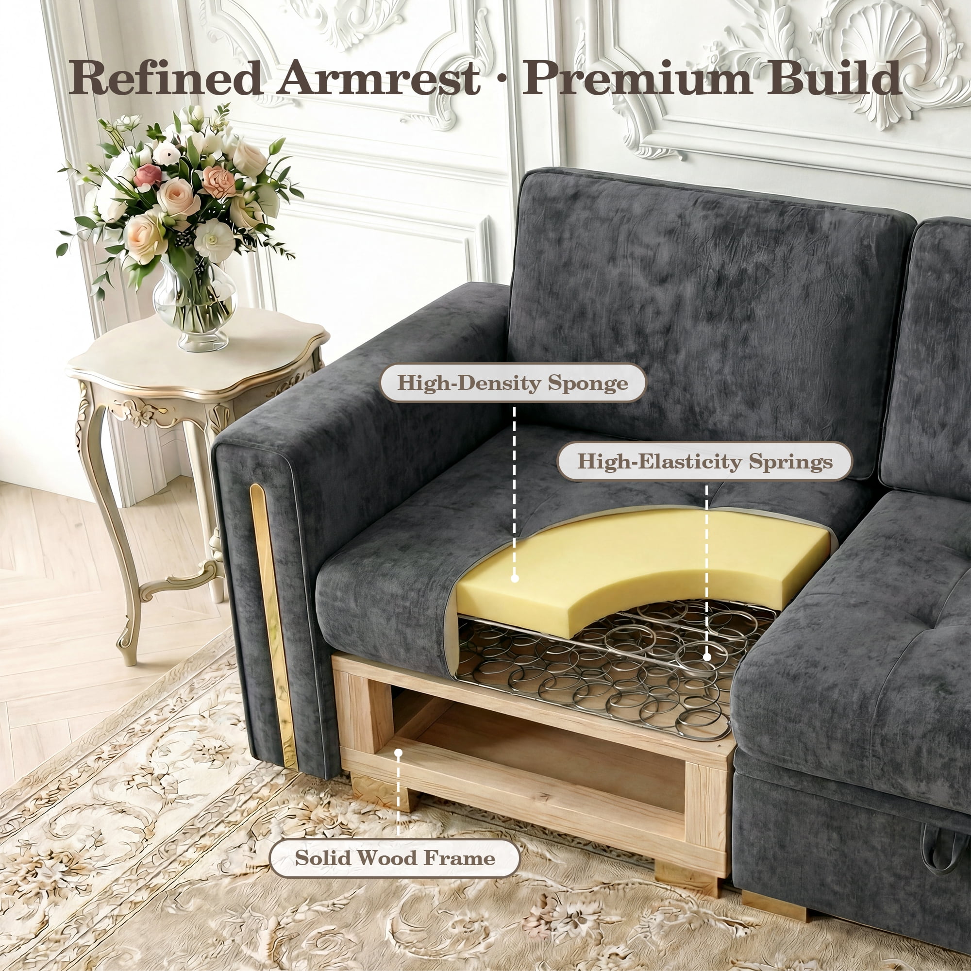 Advwin 132" 4-Seater Oversized Modular Sectional Sofa with Storage Under Each Seat & Gold Metal Accents, Modern Luxury Chenille Convertible Cloud Couch for Living Room, Dark Gray