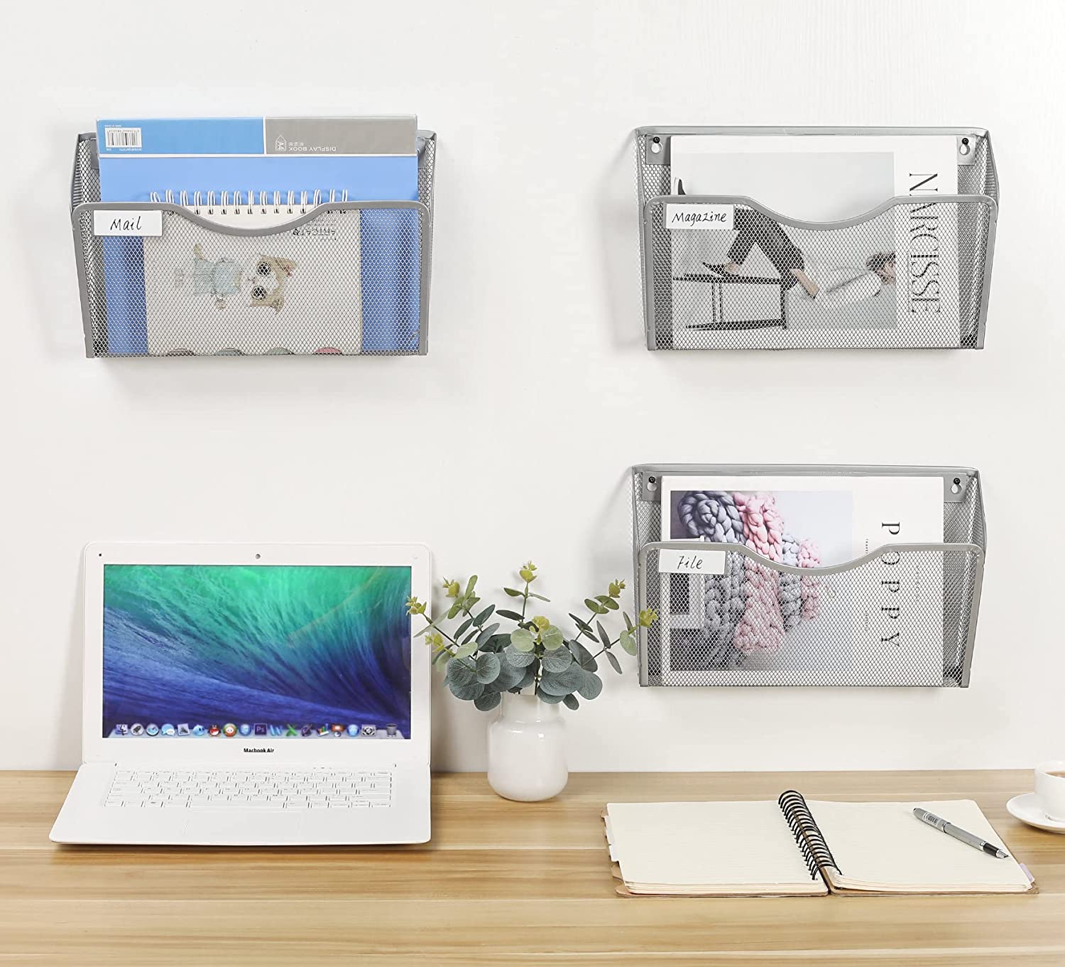 Wall Mount File Organizer Single Pocket Vertical Hanging File Folders Holder Paper Rack for Office Home, Silver