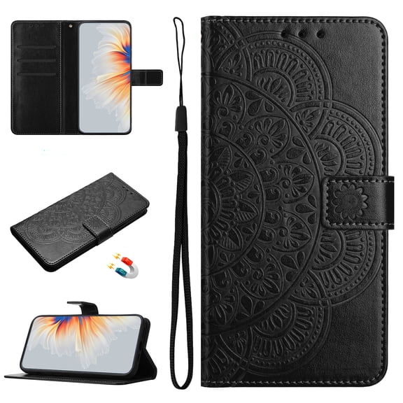 Wallet Case Compatible with Samsung Galaxy S26, PU Leather Protective Phone Case Wrist Strap, Built-in Card Slots Holder Pocket Emboss Flower Stand Magnetic Flip Folio Case Women, Black