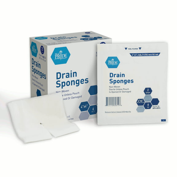 MedPride Drain Sponge, 4" x 4", 6Ply, 2 Pouch, Sterile, Box of 25