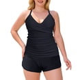 thumbnail image 5 of RELLECIGA Women's Twist Front Ruched Bathing Suits V-Neck Tummy Control Tankini Top with Board Shorts, 5 of 9